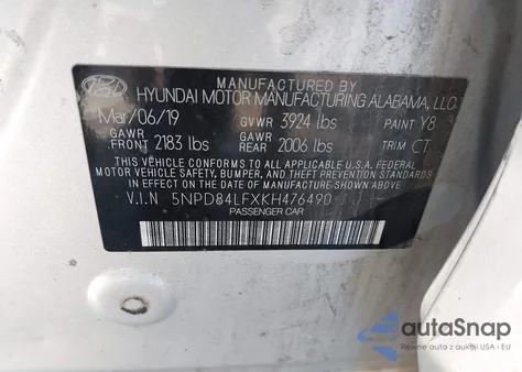 2019 Hyundai Elantra Sel z USA, uszkodzony, nr VIN 5NPD84LFXKH476490